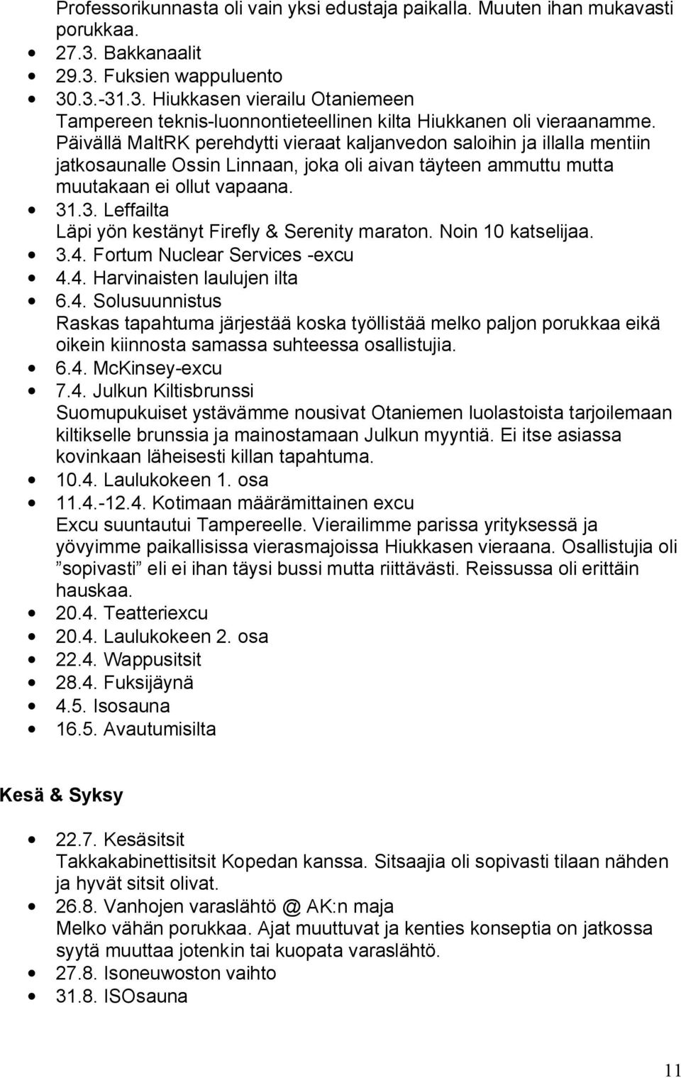 .3. Leffailta Läpi yön kestänyt Firefly & Serenity maraton. Noin 10 katselijaa. 3.4.