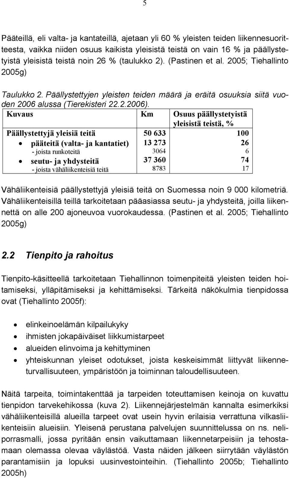 Kuvaus Km Osuus päällystetyistä yleisistä teistä, % Päällystettyjä yleisiä teitä pääteitä (valta- ja kantatiet) - joista runkoteitä seutu- ja yhdysteitä - joista vähäliikenteisiä teitä 50 633 13 273