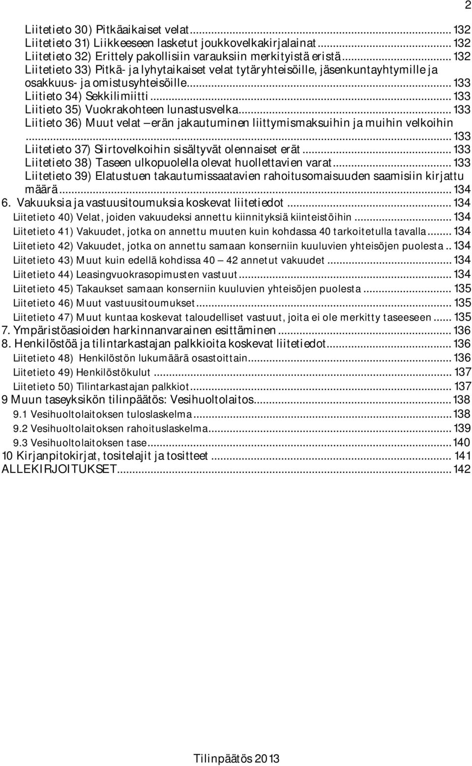 .. 133 Liitieto 35) Vuokrakohteen lunastusvelka... 133 Liitieto 36) Muut velat erän jakautuminen liittymismaksuihin ja muihin velkoihin... 133 Liitetieto 37) Siirtovelkoihin sisältyvät olennaiset erät.