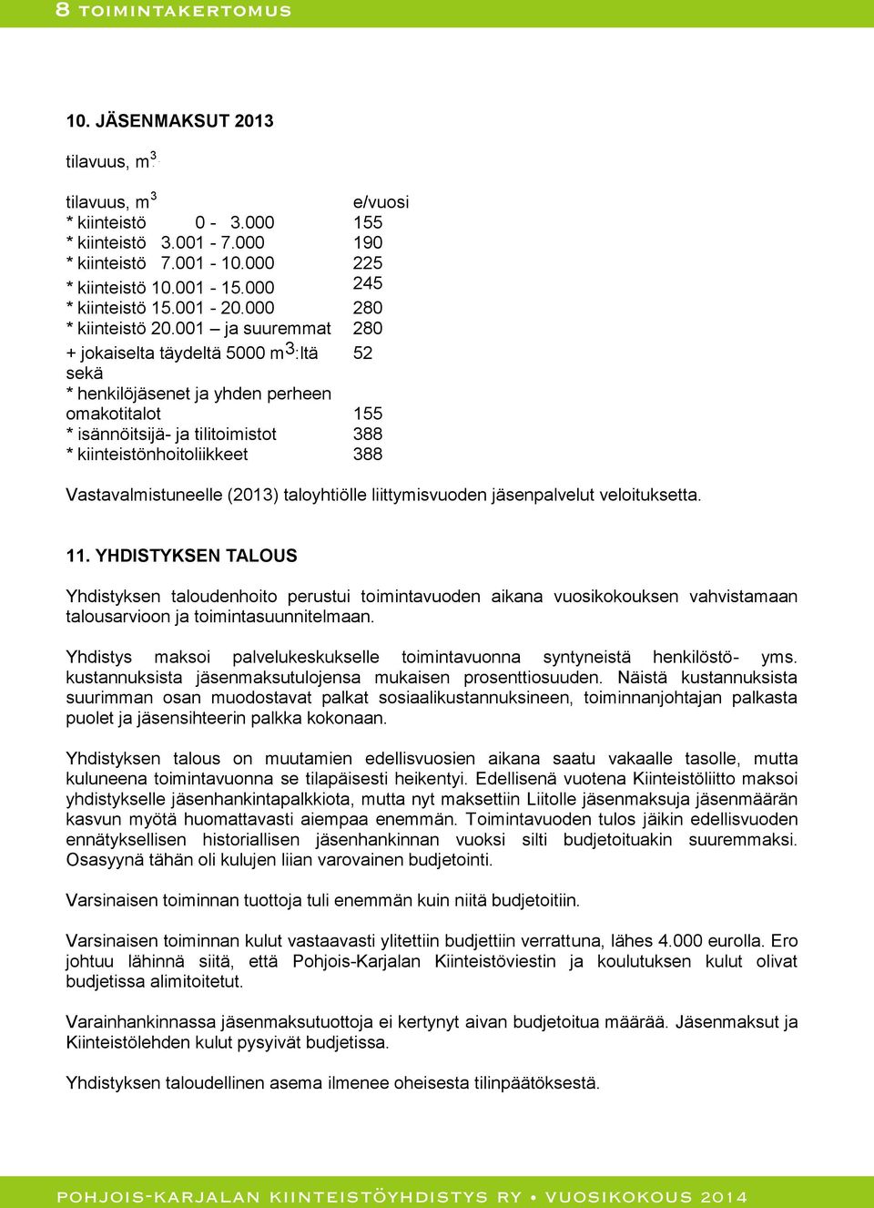 001 ja suuremmat 280 + jokaiselta täydeltä 5000 m 3 :ltä 52 sekä * henkilöjäsenet ja yhden perheen omakotitalot 155 * isännöitsijä- ja tilitoimistot 388 * kiinteistönhoitoliikkeet 388