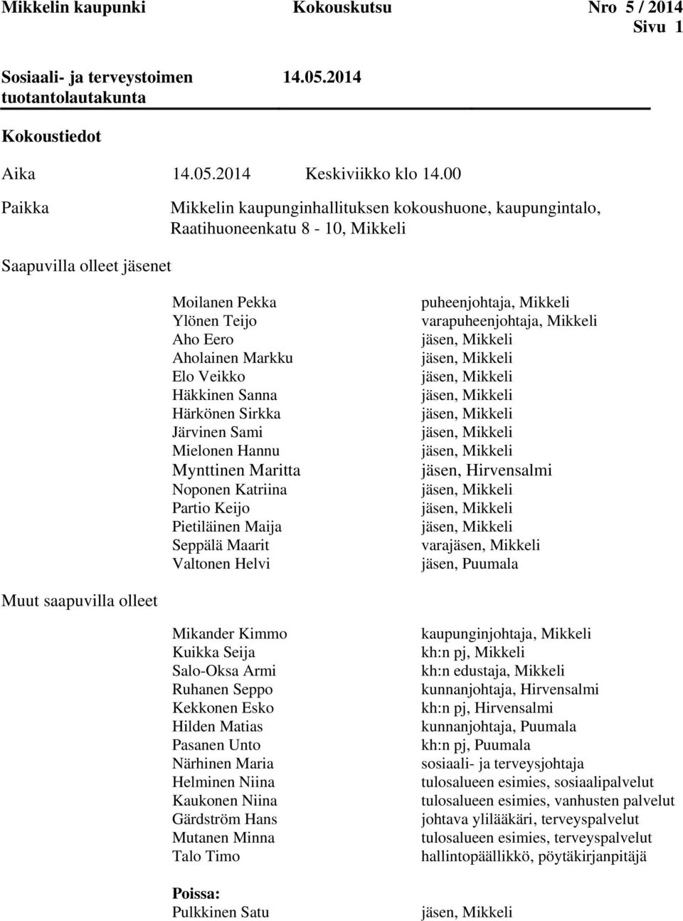 Sanna Härkönen Sirkka Järvinen Sami Mielonen Hannu Mynttinen Maritta Noponen Katriina Partio Keijo Pietiläinen Maija Seppälä Maarit Valtonen Helvi puheenjohtaja, Mikkeli varapuheenjohtaja, Mikkeli