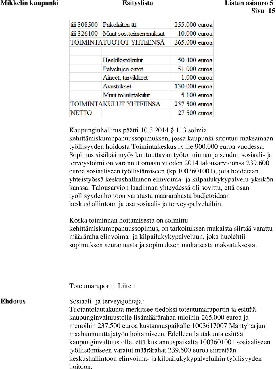 Sopimus sisältää myös kuntouttavan työtoiminnan ja seudun sosiaali- ja terveystoimi on varannut omaan vuoden 2014 talousarvioonsa 239.