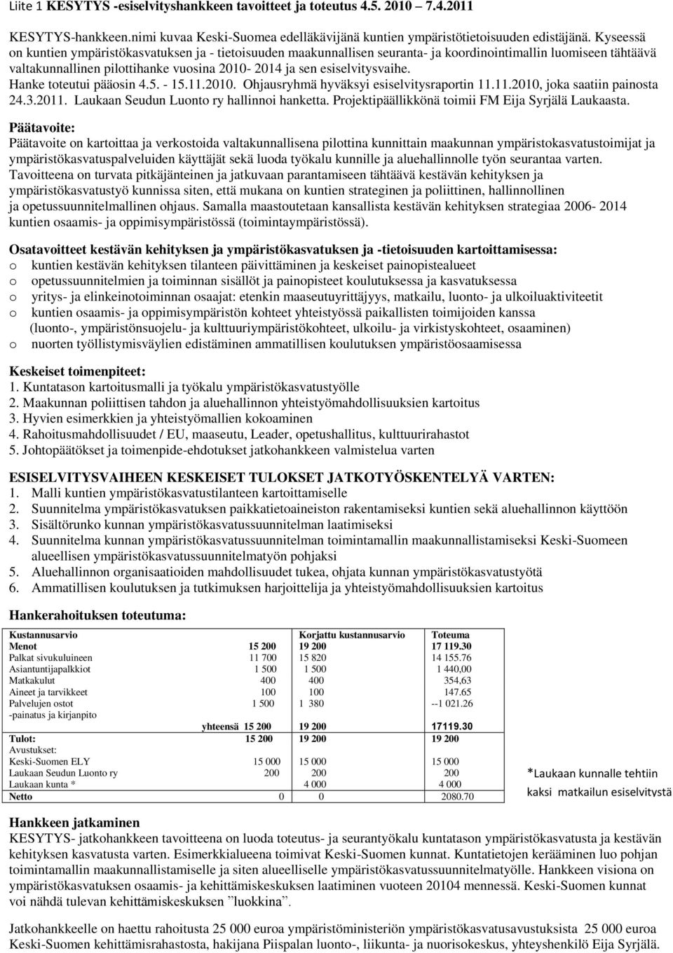 Hanke toteutui pääosin 4.5. - 15.11.2010. Ohjausryhmä hyväksyi esiselvitysraportin 11.11.2010, joka saatiin painosta 24.3.2011. Laukaan Seudun Luonto ry hallinnoi hanketta.