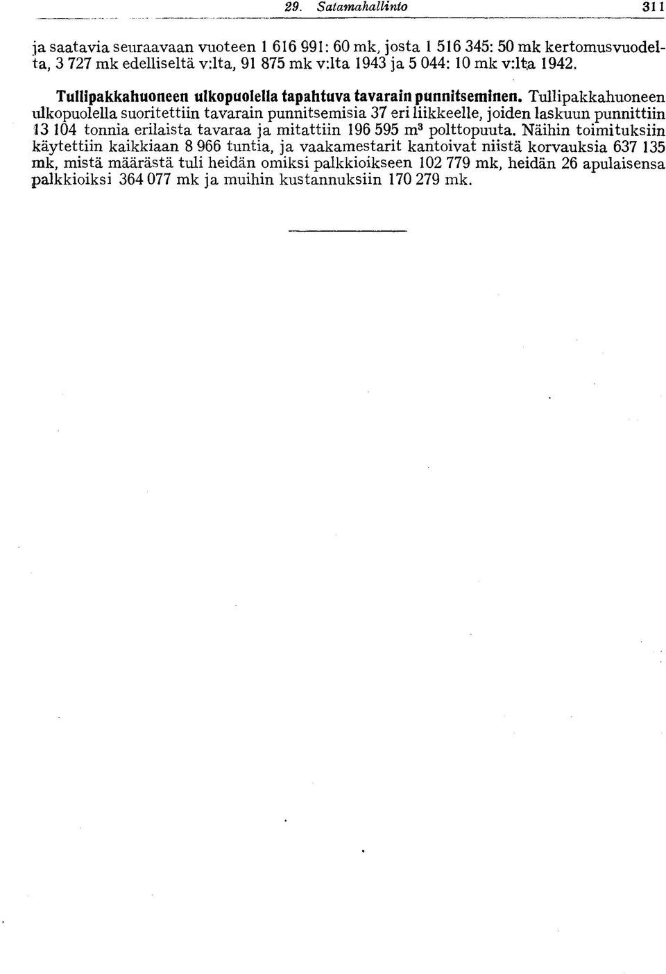 Tullipakkahuoneen ulkopuolella suoritettiin tavarain punnitsemisia 37 eri liikkeelle, joiden laskuun punnittiin 13 104 tonnia erilaista tavaraa ja mitattiin 196 595 m 3