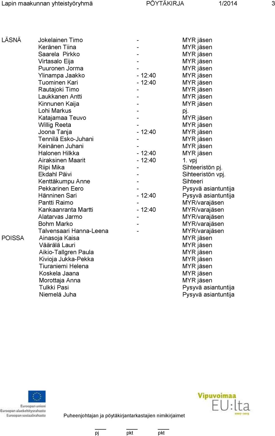 Katajamaa Teuvo - MYR jäsen Willig Reeta - MYR jäsen Joona Tanja - 12:40 MYR jäsen Tennilä Esko-Juhani - MYR jäsen Keinänen Juhani - MYR jäsen Halonen Hilkka - 12:40 MYR jäsen Airaksinen Maarit -