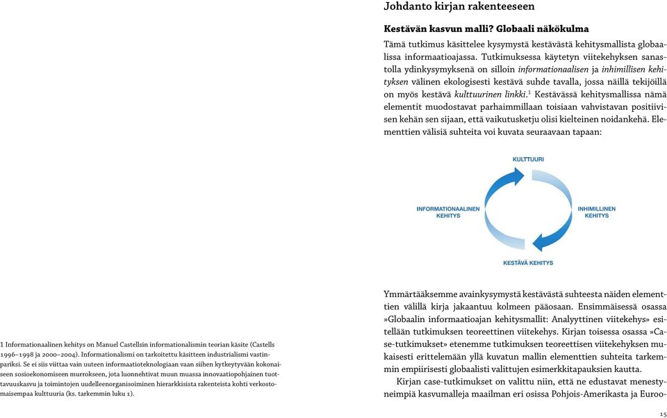 kestävä kulttuurinen linkki. 1 Kestävässä kehitysmallissa nämä elementit muodostavat parhaimmillaan toisiaan vahvistavan positiivisen kehän sen sijaan, että vaikutusketju olisi kielteinen noidankehä.