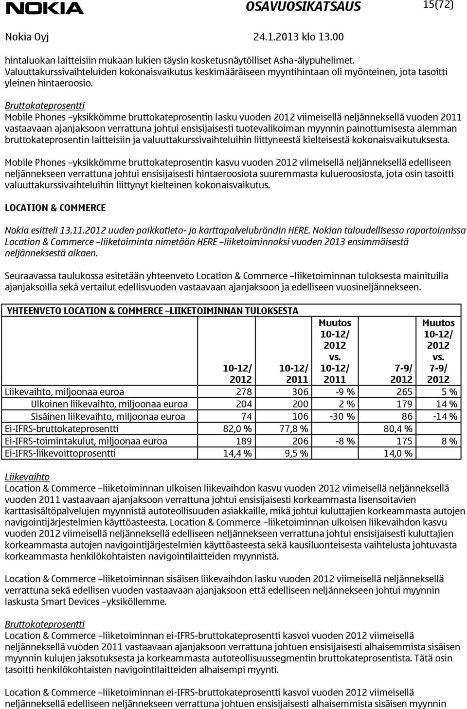 Bruttokateprosentti Mobile Phones yksikkömme bruttokateprosentin lasku vuoden viimeisellä neljänneksellä vuoden vastaavaan ajanjaksoon verrattuna johtui ensisijaisesti tuotevalikoiman myynnin