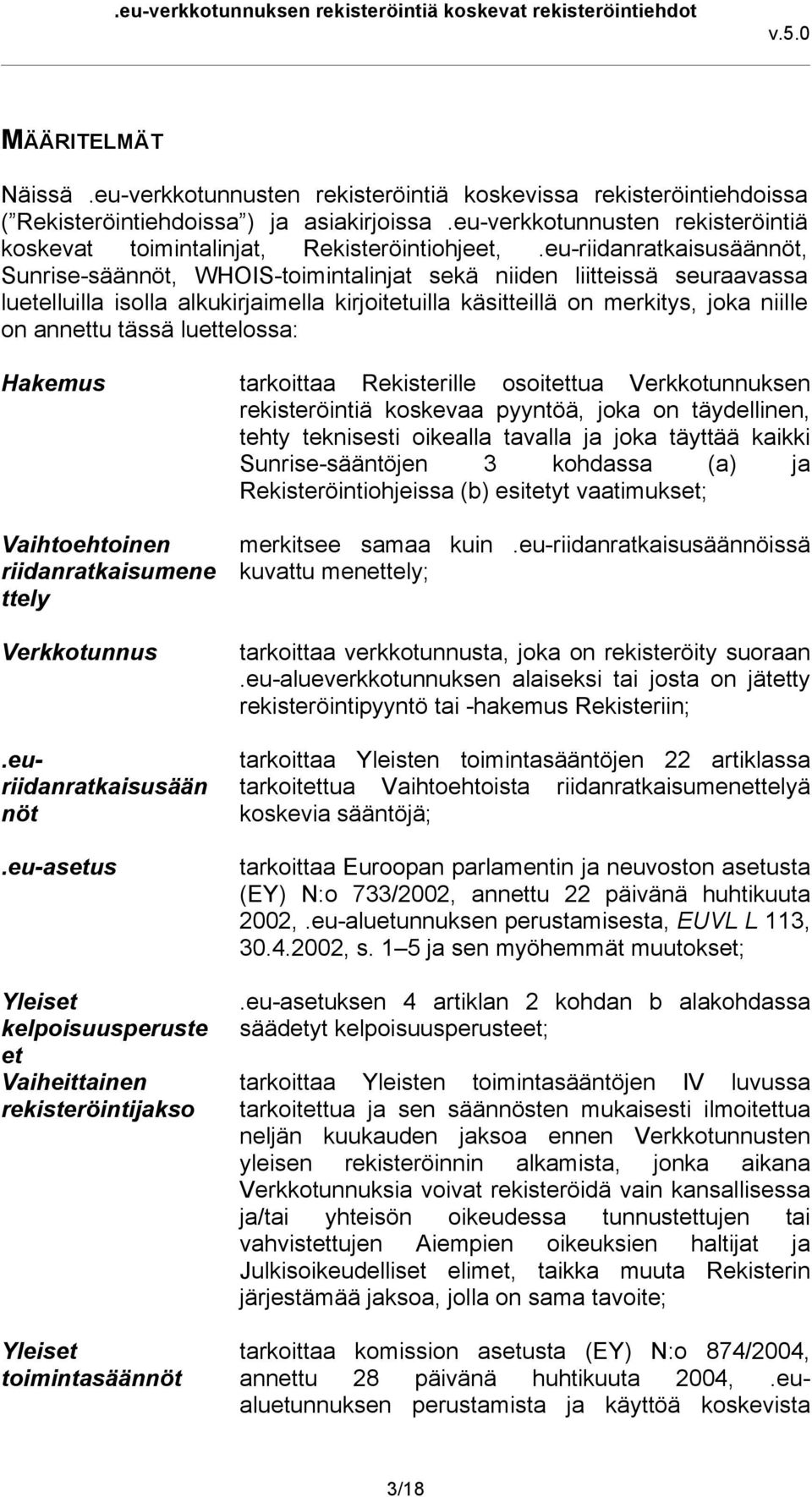 eu-riidanratkaisusäännöt, Sunrise-säännöt, WHOIS-toimintalinjat sekä niiden liitteissä seuraavassa luetelluilla isolla alkukirjaimella kirjoitetuilla käsitteillä on merkitys, joka niille on annettu