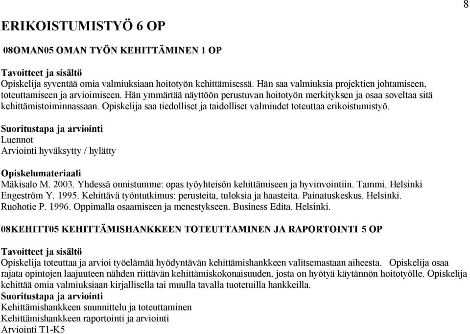 Luennot Arviointi hyväksytty / hylätty Opiskelumateriaali Mäkisalo M. 2003. Yhdessä onnistumme: opas työyhteisön kehittämiseen ja hyvinvointiin. Tammi. Helsinki Engeström Y. 1995.