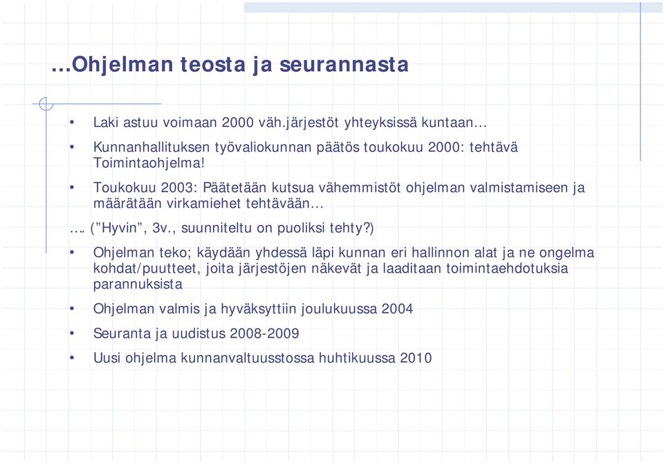 Toukokuu 2003: Päätetään kutsua vähemmistöt ohjelman valmistamiseen ja määrätään virkamiehet tehtävään. ( Hyvin, 3v., suunniteltu on puoliksi tehty?