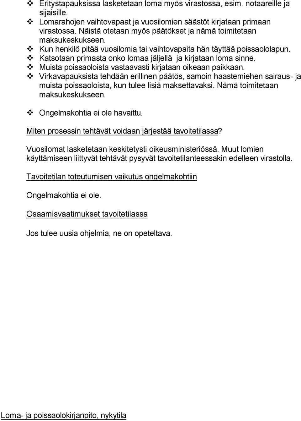 Katsotaan primasta onko lomaa jäljellä ja kirjataan loma sinne. Muista poissaoloista vastaavasti kirjataan oikeaan paikkaan.