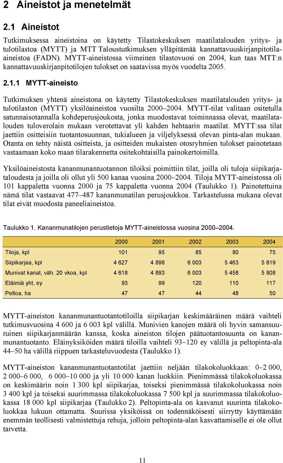 MYTT-aineistossa viimeinen tilastovuosi on 2004, kun taas MTT:n kannattavuuskirjanpitotilojen tulokset on saatavissa myös vuodelta 2005. 2.1.