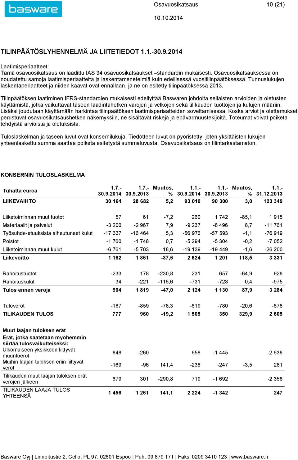 Tunnuslukujen laskentaperiaatteet ja niiden kaavat ovat ennallaan, ja ne on esitetty tilinpäätöksessä 2013.