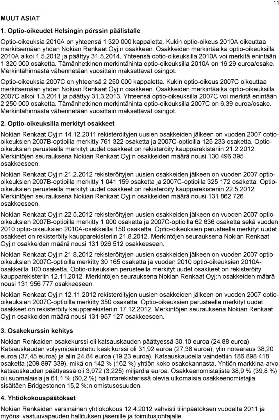 Yhteensä optio-oikeuksilla 2010A voi merkitä enintään 1 320 000 osaketta. Tämänhetkinen merkintähinta optio-oikeuksilla 2010A on 16,29 euroa/osake.