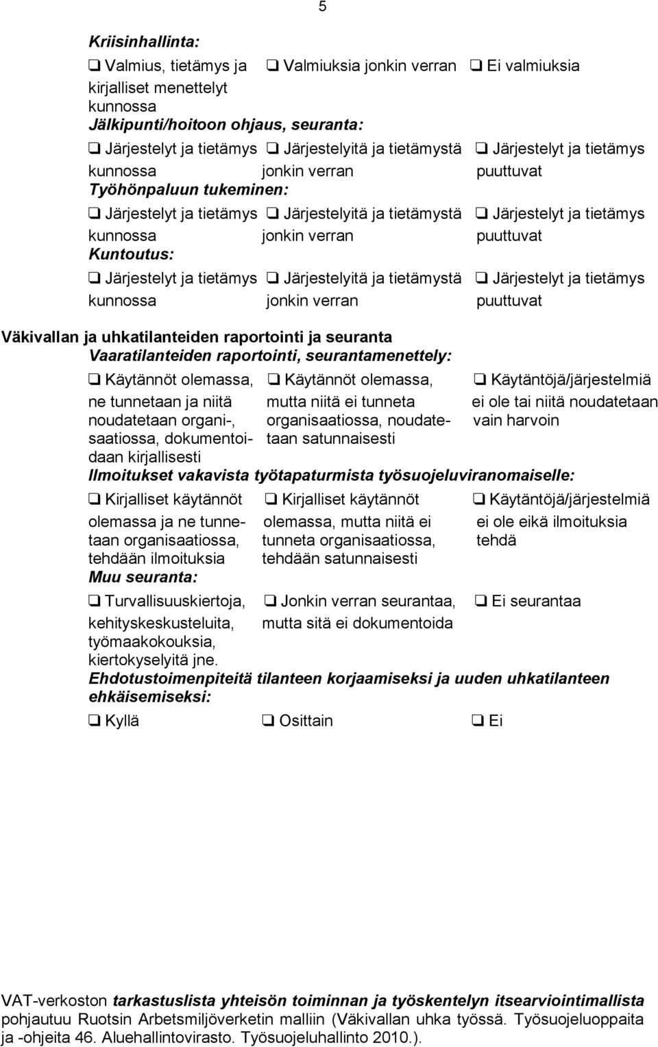 ei ole tai niitä noudatetaan noudatetaan organi-, organisaatiossa, noudate- vain harvoin saatiossa, dokumentoi- taan satunnaisesti daan kirjallisesti Ilmoitukset vakavista työtapaturmista