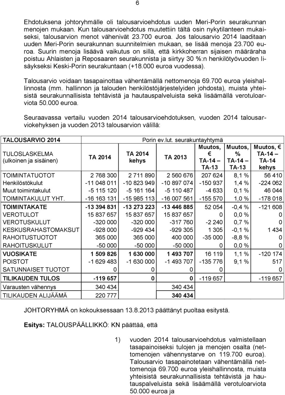 Jos talousarvio 2014 laaditaan uuden Meri-Porin seurakunnan suunnitelmien mukaan, se lisää menoja 23.