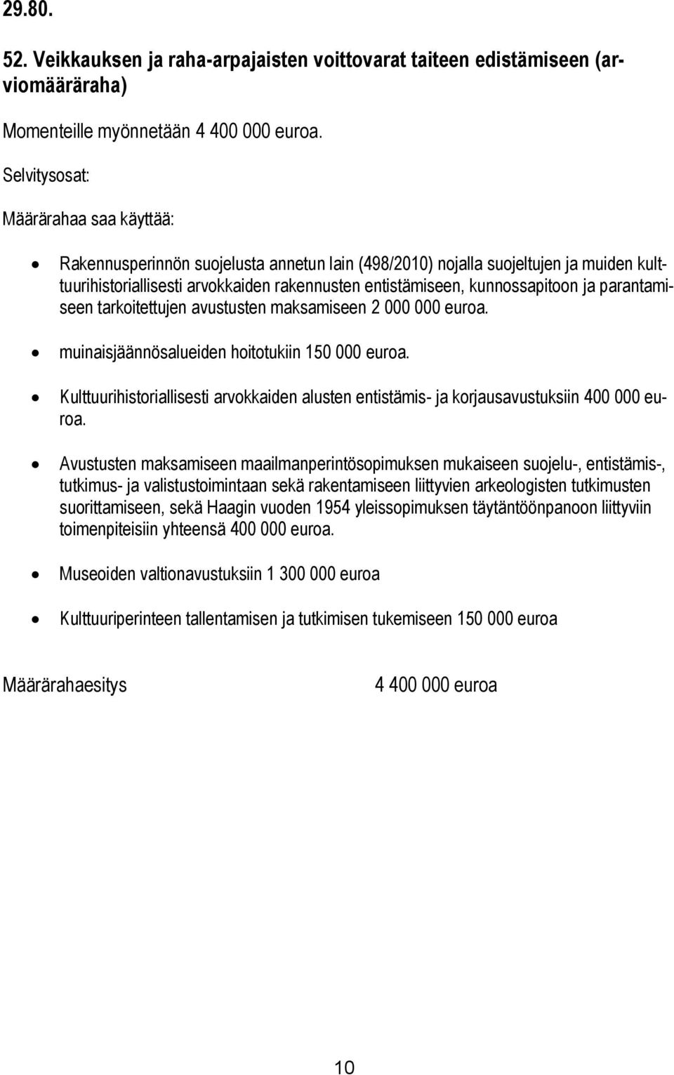 ja parantamiseen tarkoitettujen avustusten maksamiseen 2 000 000 euroa. muinaisjäännösalueiden hoitotukiin 150 000 euroa.