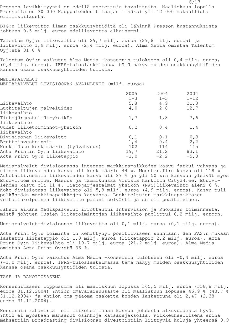 euroa) ja liikevoitto 1,9 milj. euroa (2,4 milj. euroa). Alma Media omistaa Talentum Oyj:stä 31,0 % Talentum Oyj:n vaikutus Alma Media konsernin tulokseen oli 0,4 milj. euroa, (0,4 milj. euroa). IFRS-tuloslaskelmassa tämä näkyy muiden osakkuusyhtiöiden kanssa osana osakkuusyhtiöiden tulosta.