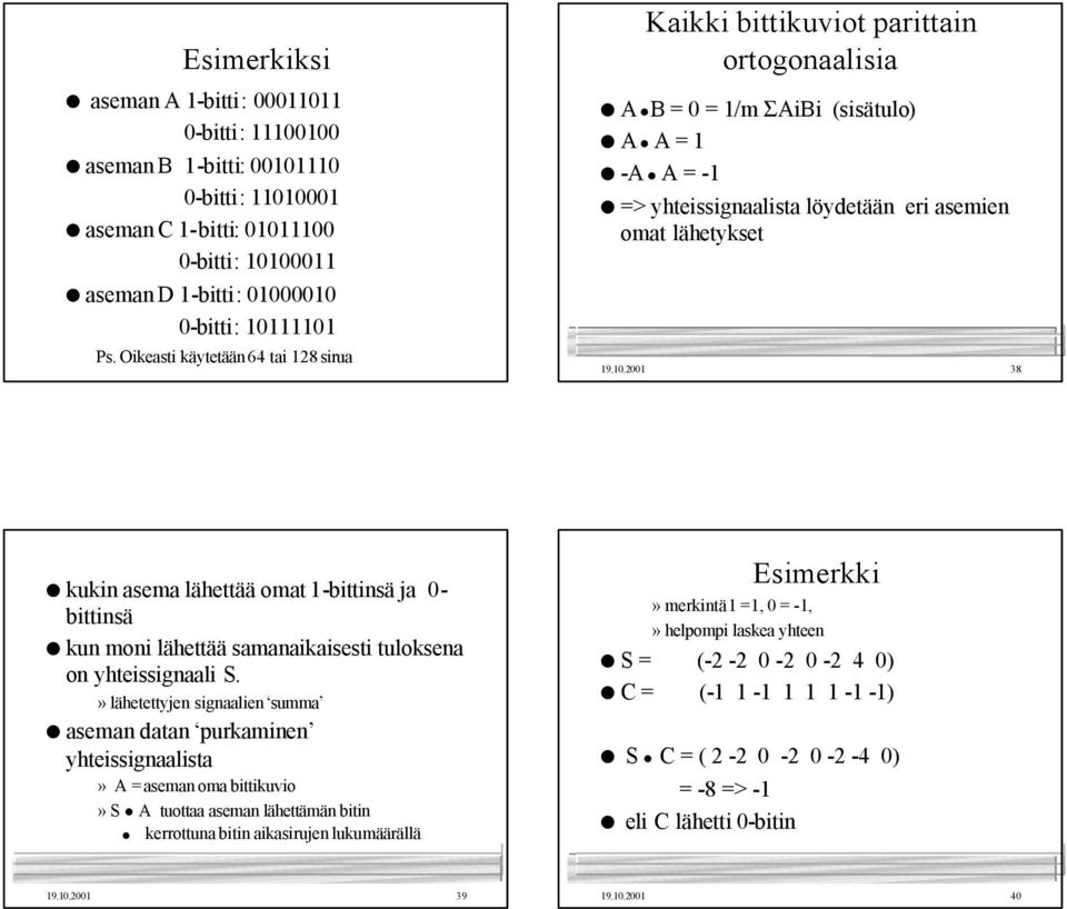 2001 38 kukin asema lähettää omat 1-bittinsä ja 0- bittinsä kun moni lähettää samanaikaisesti tuloksena on yhteissignaali S.