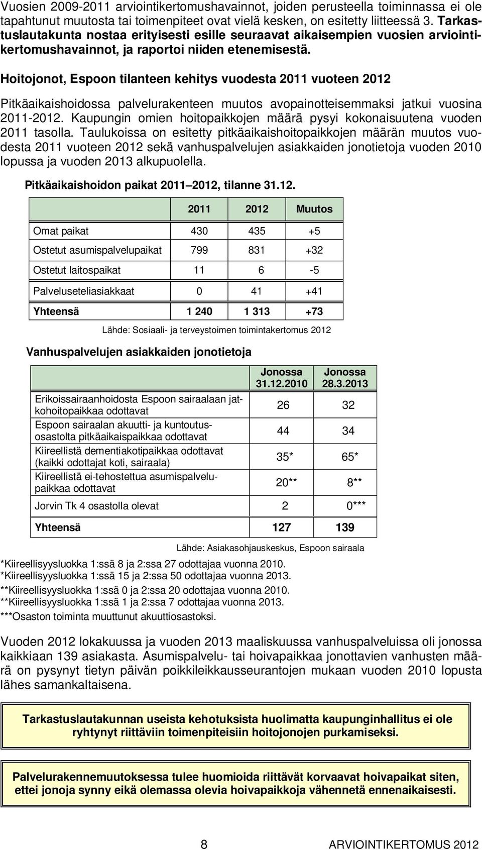 Hoitojonot, Espoon tilanteen kehitys vuodesta 2011 vuoteen 2012 Pitkäaikaishoidossa palvelurakenteen muutos avopainotteisemmaksi jatkui vuosina 2011-2012.