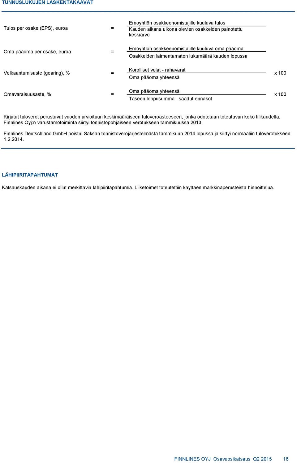 Omavaraisuusaste, % = Oma pääoma yhteensä Taseen loppusumma - saadut ennakot x 100 Kirjatut tuloverot perustuvat vuoden arvioituun keskimääräiseen tuloveroasteeseen, jonka odotetaan toteutuvan koko