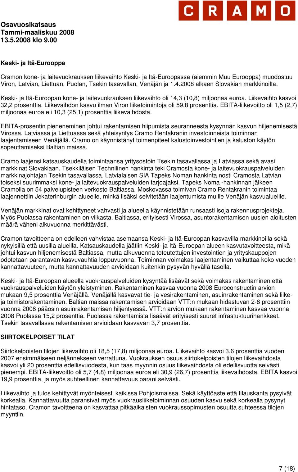 Liikevaihdon kasvu ilman Viron liiketoimintoja oli 59,8 prosenttia. EBITA-liikevoitto oli 1,5 (2,7) miljoonaa euroa eli 10,3 (25,1) prosenttia liikevaihdosta.