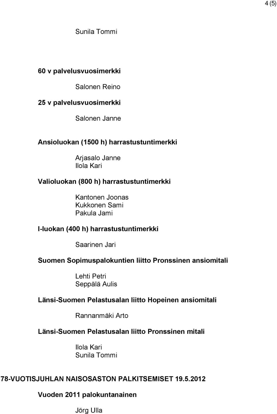 Sopimuspalokuntien liitto Pronssinen ansiomitali Lehti Petri Seppälä Aulis Länsi-Suomen Pelastusalan liitto Hopeinen ansiomitali Rannanmäki Arto