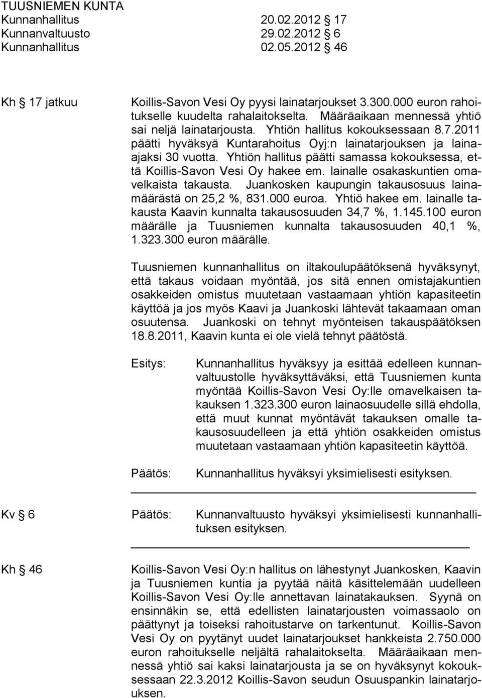 Yhtiön hallitus päätti samassa kokouksessa, että Koillis-Savon Vesi Oy hakee em. lainalle osakaskuntien omavelkaista takausta. Juankosken kaupungin takausosuus lainamäärästä on 25,2 %, 831.000 euroa.