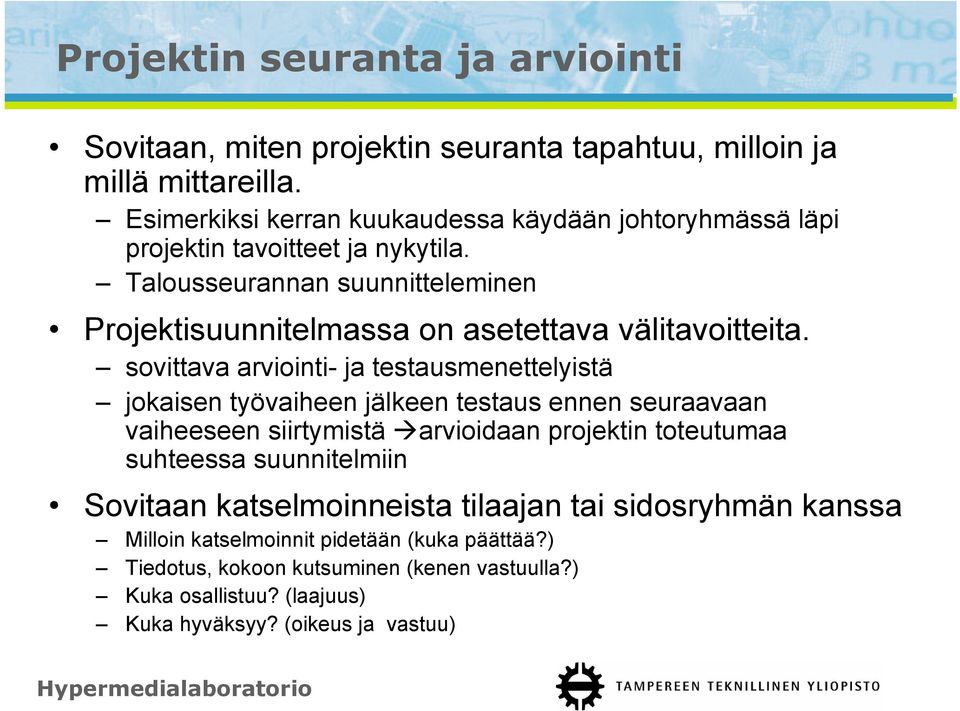 Talousseurannan suunnitteleminen Projektisuunnitelmassa on asetettava välitavoitteita.