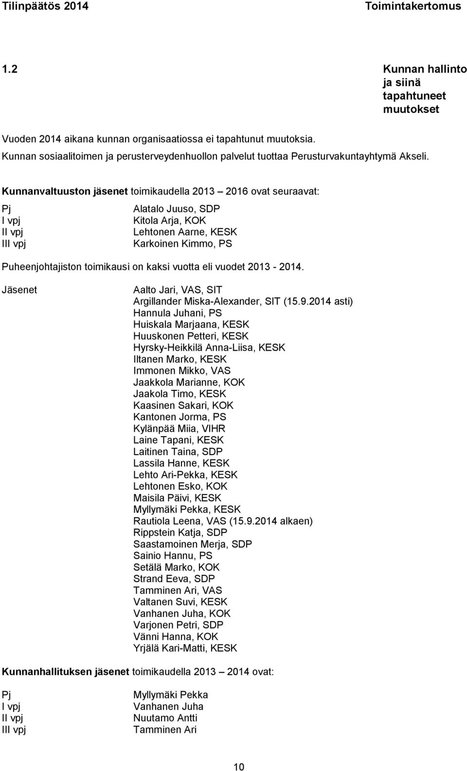 Kunnanvaltuuston jäsenet toimikaudella 2013 2016 ovat seuraavat: Pj Alatalo Juuso, SDP I vpj Kitola Arja, KOK II vpj Lehtonen Aarne, KESK III vpj Karkoinen Kimmo, PS Puheenjohtajiston toimikausi on