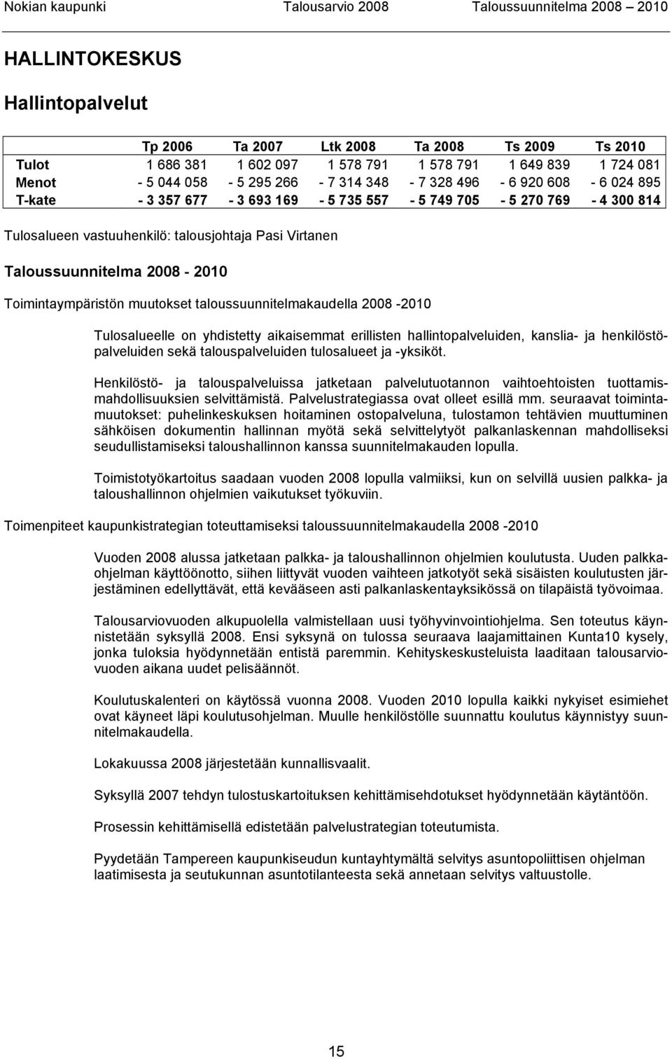 taloussuunnitelmakaudella 2008-2010 Tulosalueelle on yhdistetty aikaisemmat erillisten hallintopalveluiden, kanslia- ja henkilöstöpalveluiden sekä talouspalveluiden tulosalueet ja -yksiköt.