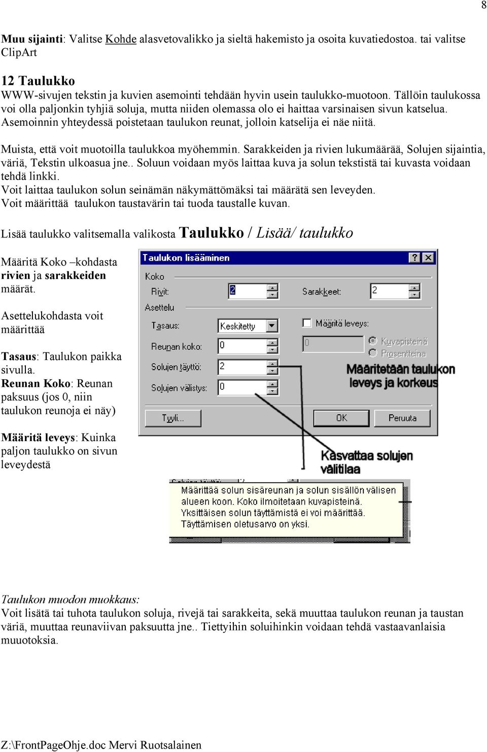 Muista, että voit muotoilla taulukkoa myöhemmin. Sarakkeiden ja rivien lukumäärää, Solujen sijaintia, väriä, Tekstin ulkoasua jne.