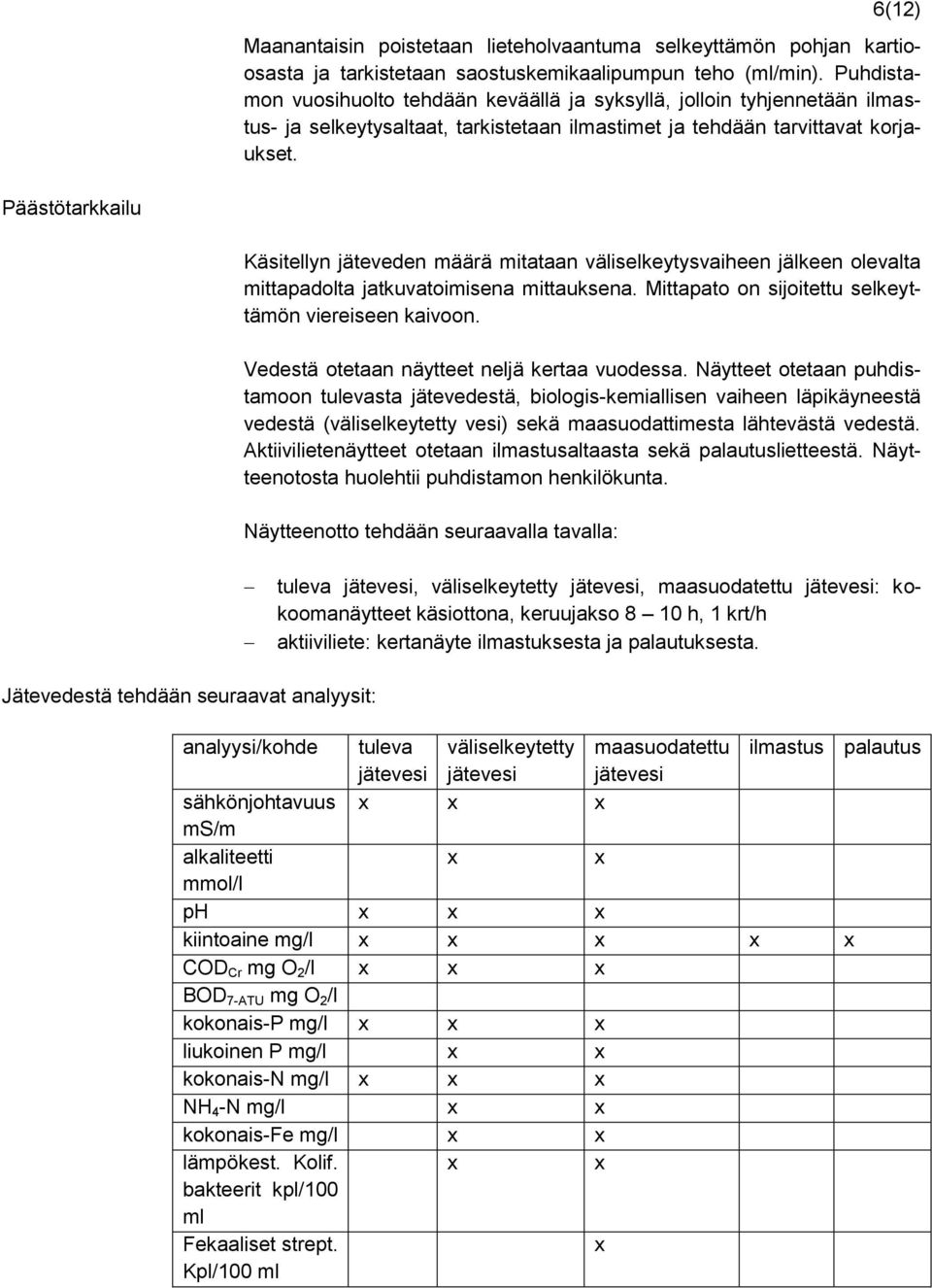 Päästötarkkailu Käsitellyn jäteveden määrä mitataan väliselkeytysvaiheen jälkeen olevalta mittapadolta jatkuvatoimisena mittauksena. Mittapato on sijoitettu selkeyttämön viereiseen kaivoon.