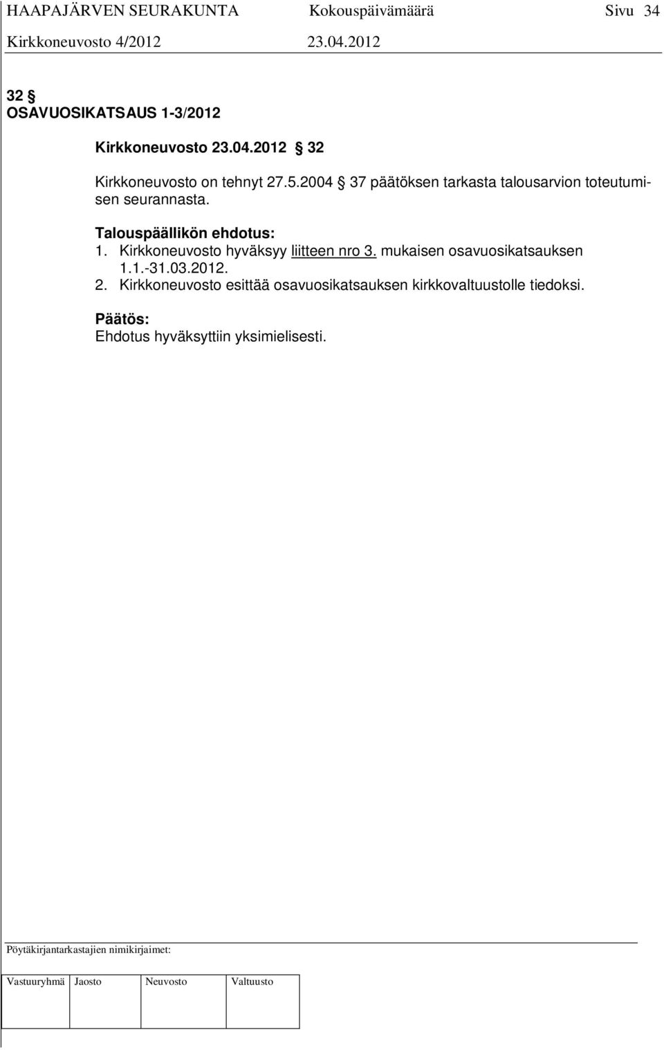Kirkkoneuvosto hyväksyy liitteen nro 3. mukaisen osavuosikatsauksen 1.1.-31.03.2012. 2.