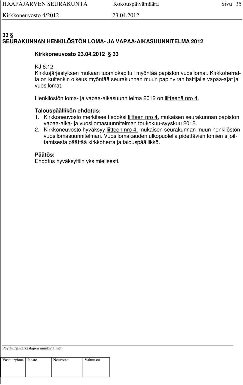 Talouspäällikön ehdotus: 1. Kirkkoneuvosto merkitsee tiedoksi liitteen nro 4. mukaisen seurakunnan papiston vapaa-aika- ja vuosilomasuunnitelman toukokuu-syyskuu 20