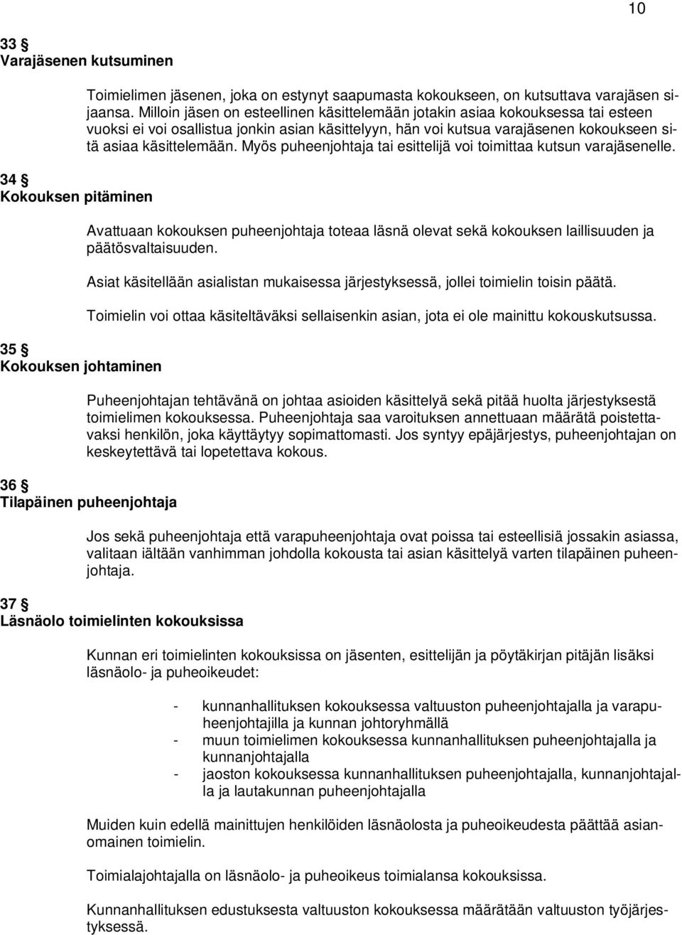 Myös puheenjohtaja tai esittelijä voi toimittaa kutsun varajäsenelle. Avattuaan kokouksen puheenjohtaja toteaa läsnä olevat sekä kokouksen laillisuuden ja päätösvaltaisuuden.