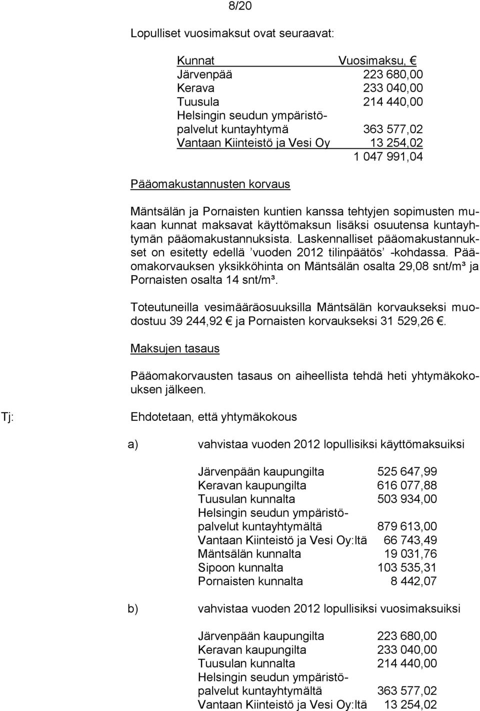 pääomakustannuksista. Laskennalliset pääomakustannukset on esitetty edellä vuoden 2012 tilinpäätös -kohdassa.