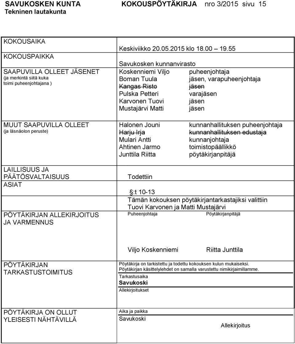 55 Savukosken kunnanvirasto Koskenniemi Viljo puheenjohtaja Boman Tuula jäsen, varapuheenjohtaja Kangas Risto jäsen Pulska Petteri varajäsen Karvonen Tuovi jäsen Mustajärvi Matti jäsen MUUT