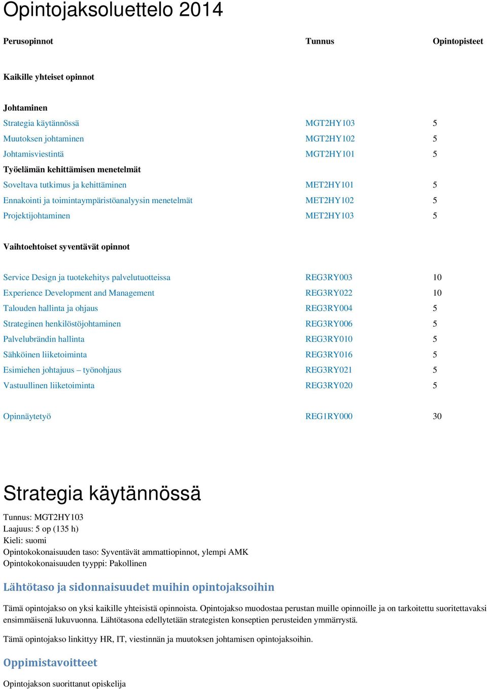 syventävät opinnot Service Design ja tuotekehitys palvelutuotteissa REG3RY003 10 Experience Development and Management REG3RY022 10 Talouden hallinta ja ohjaus REG3RY004 5 Strateginen