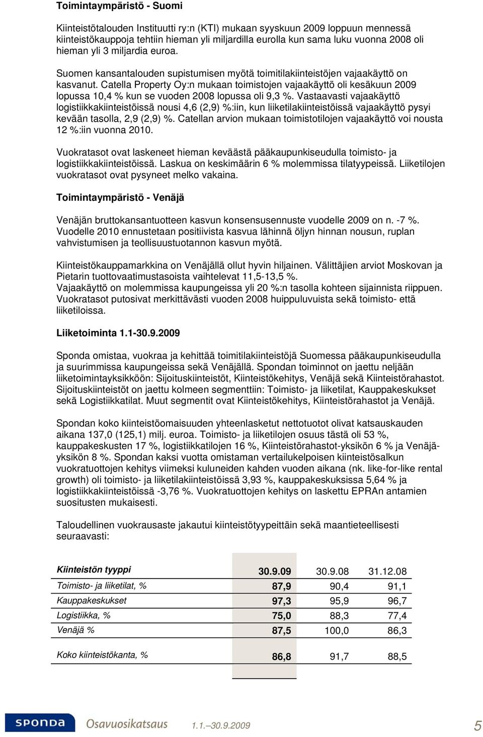 Catella Property Oy:n mukaan toimistojen vajaakäyttö oli kesäkuun 2009 lopussa 10,4 % kun se vuoden 2008 lopussa oli 9,3 %.