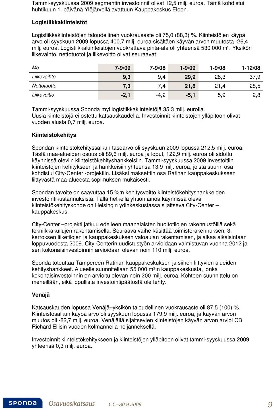 euroa sisältäen käyvän arvon muutosta -26,4 milj. euroa. Logistiikkakiinteistöjen vuokrattava pinta-ala oli yhteensä 530 000 m².