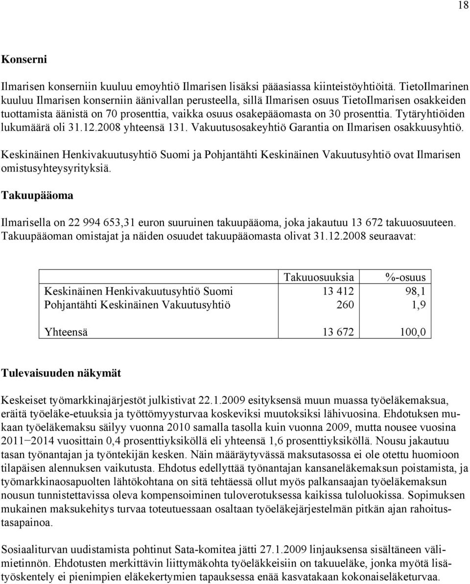 Tytäryhtiöiden lukumäärä oli 31.12.2008 yhteensä 131. Vakuutusosakeyhtiö Garantia on Ilmarisen osakkuusyhtiö.