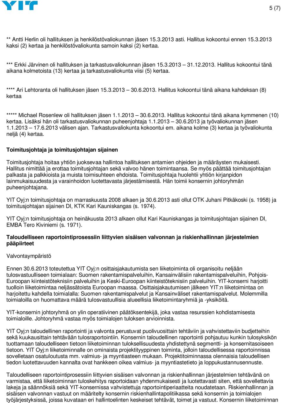 **** Ari Lehtoranta oli hallituksen jäsen 15.3.2013 30.6.2013. Hallitus kokoontui tänä aikana kahdeksan (8) kertaa ***** Michael Rosenlew oli hallituksen jäsen 1.1.2013 30.6.2013. Hallitus kokoontui tänä aikana kymmenen (10) kertaa.