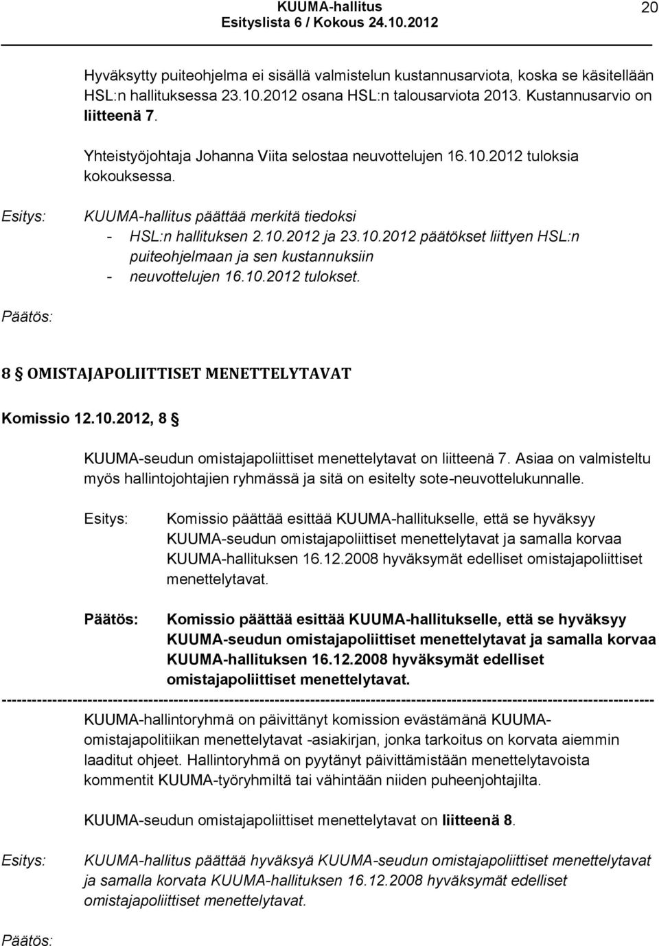 10.2012 tulokset. Päätös: 8 OMISTAJAPOLIITTISET MENETTELYTAVAT Komissio 12.10.2012, 8 KUUMA-seudun omistajapoliittiset menettelytavat on liitteenä 7.