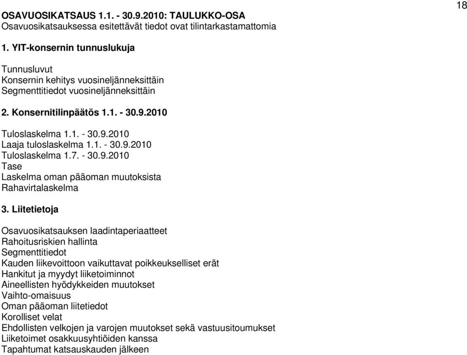 1. - 30.9.2010 Tuloslaskelma 1.7. - 30.9.2010 Tase Laskelma oman pääoman muutoksista Rahavirtalaskelma 3.