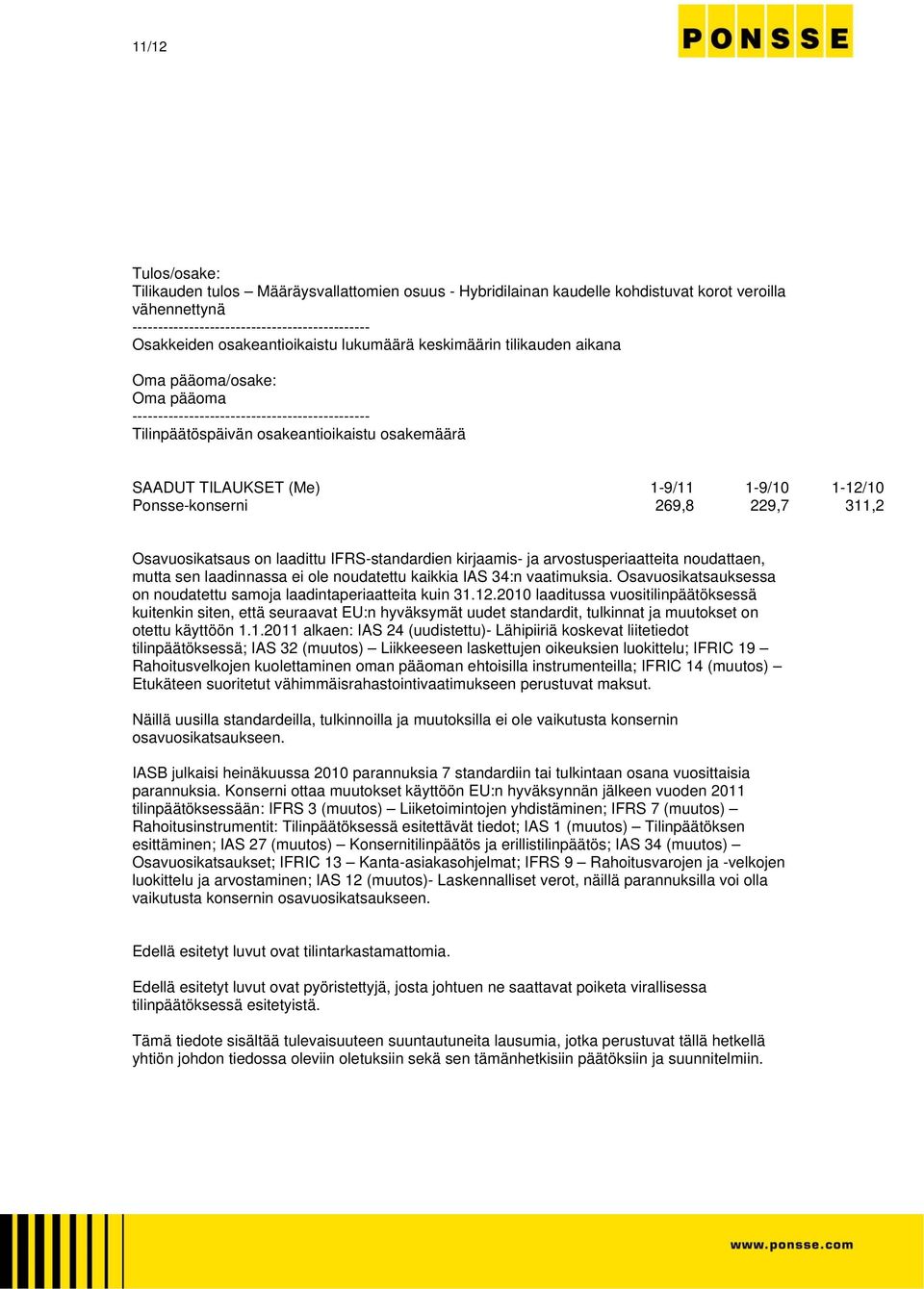 (Me) 1-9/11 1-9/10 1-12/10 Ponsse-konserni 269,8 229,7 311,2 Osavuosikatsaus on laadittu IFRS-standardien kirjaamis- ja arvostusperiaatteita noudattaen, mutta sen laadinnassa ei ole noudatettu