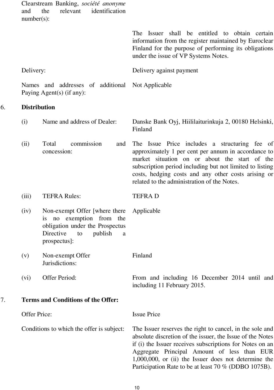 Distribution (i) Name and address of Dealer: Danske Bank Oyj, Hiililaiturinkuja 2, 00180 Helsinki, Finland (ii) Total commission and concession: The Issue Price includes a structuring fee of