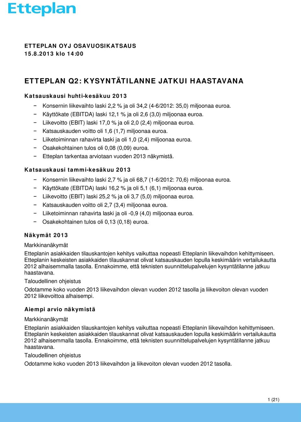 Käyttökate (EBITDA) laski 12,1 % ja oli 2,6 (3,0) miljoonaa euroa. Liikevoitto (EBIT) laski 17,0 % ja oli 2,0 (2,4) miljoonaa euroa. Katsauskauden voitto oli 1,6 (1,7) miljoonaa euroa.