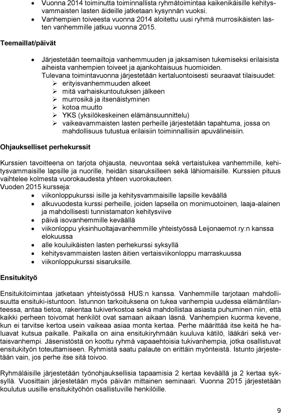 Teemaillat/päivät Järjestetään teemailtoja vanhemmuuden ja jaksamisen tukemiseksi erilaisista aiheista vanhempien toiveet ja ajankohtaisuus huomioiden.