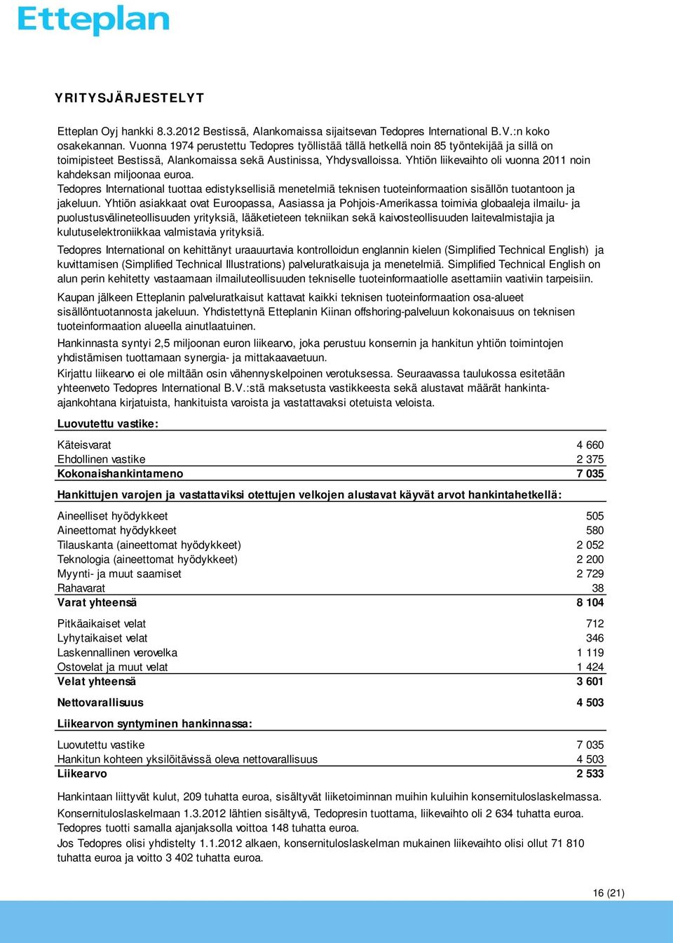 Yhtiön liikevaihto oli vuonna 2011 noin kahdeksan miljoonaa euroa. Tedopres International tuottaa edistyksellisiä menetelmiä teknisen tuoteinformaation sisällön tuotantoon ja jakeluun.